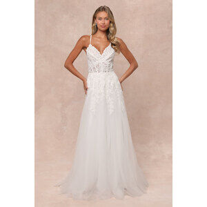Lulus Glorious Luxury White Sheer Tulle Embroidered Beaded Maxi Dress - Size M